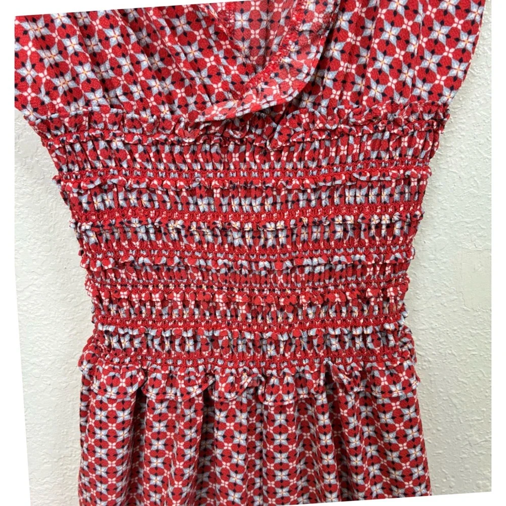 Max Studio Red Geometric Print Smocked Waist Ruffle‎ Jumpsuit 8901C46 Small Boho